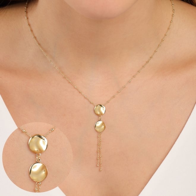 GR-03018 COLAR BANHADO A OURO 18K COM CORRENTE DELICADA E DETALHES EM ESFERAS, COM PINGENTES EM FORMATO ORGÂNICO