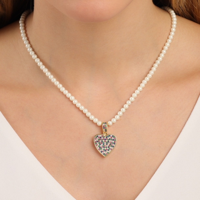 GX-0031 GARGANTILHA BANHADA A OURO 18K COM PÉROLAS E PINGENTE  DE CORAÇÃO