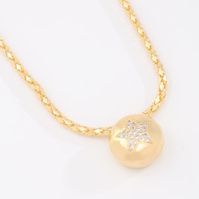 GX-0103 COLAR BANHADO A OURO 18K COM MALHA E PINGENTE ESFERA COM ESTRELA CRAVEJADA