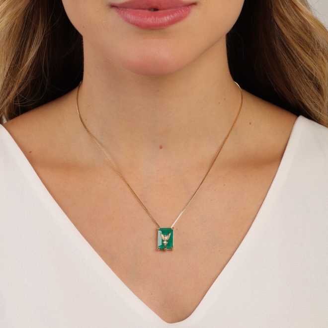 GX-0122 COLAR BANHADO A OURO 18K COM PINGENTE RETANGULAR E ESPIRÍTO SANTO CRAVEJADO