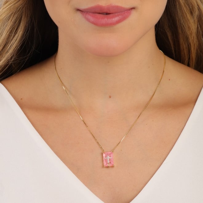 GX-0123 COLAR BANHADO A OURO 18K RETANGULAR E DETALHE DE CRUZ EM ZIRCÔNIA
