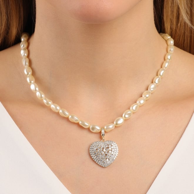 GX-0362 COLAR BANHADO A OURO 18K COM PÉROLAS E PINGENTE EM CORAÇÃO CRAVEJADO