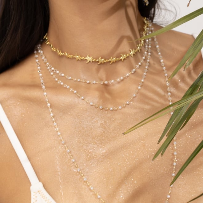 CH-0213 CHOCKER COM PINGENTES CONTÍNUOS EM FORMATO DE ESTRELA DO MAR