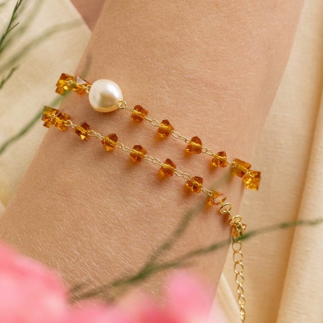 PU-00896 PULSEIRA EM CRISTAIS LAPIDADOS E PINGENTE DE PÉROLA