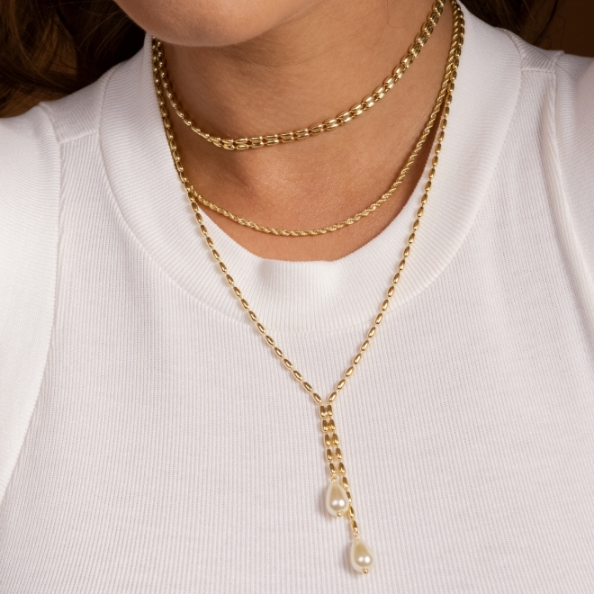 GR-01761 COLAR BANHADO A OURO 18K EM GRAVATA COM DETALHES OVAIS E PINGENTE EM GOTA