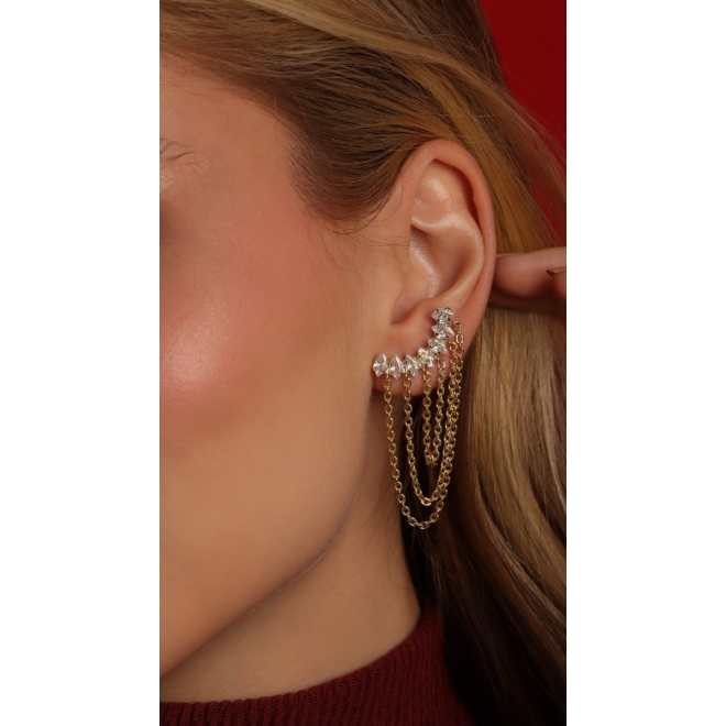 BR-03172 BRINCO BANHADO A OURO 18K COM DESIGN EAR CUFF EM ZIRCÔNIAS E CORRENTES MÚLTIPLAS