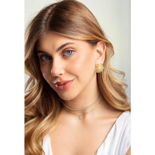 CH-0245 CHOKER DUPLA COM UM FIO DE MICRO ZIRC&Ocirc;NIAS E PINGENTE EM FORMA DE GOTA