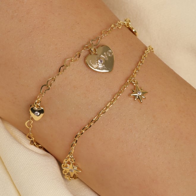 PU-00269 PULSEIRA BANHADA A OURO 18K COM CORRENTE ELO DELICADO E PINGENTES EM FORMATO DE ESTRELA