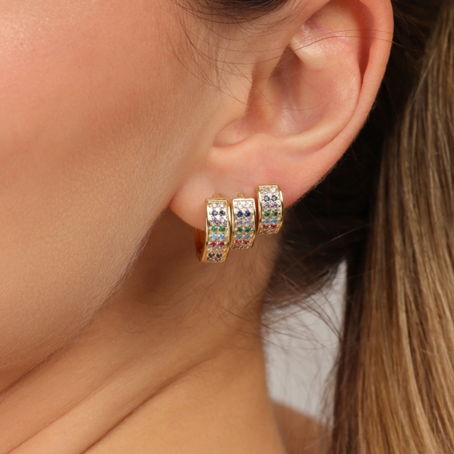 TAC-0095 TRIO DE ARGOLA COM DETALHES CRAVEJADOS EM ZIRCÔNIAS COLORIDAS