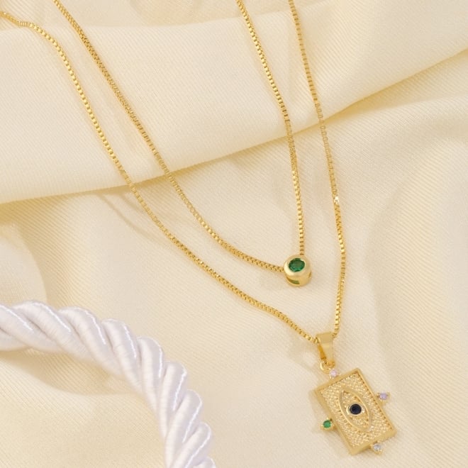 GR-00621 COLAR DUPLO BANHADO A OURO 18K COM CORRENTES VENEZIANAS, SENDO UMA COM PONTO DE LUZ EM ZIRCÔNIA  E OUTRA COM OLHO GREGO