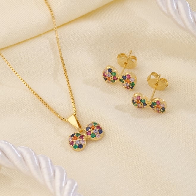 CJ-00164 CONJUNTO BANHADO A OURO 18K COM FORMATO DE LAÇO EM ZIRCÔNIAS