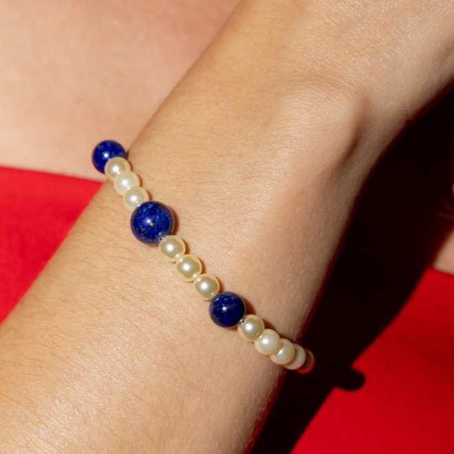 PU-00953 PULSEIRA COM PÉROLAS E PEDRAS NATURAIS EM TONS DE AZUL