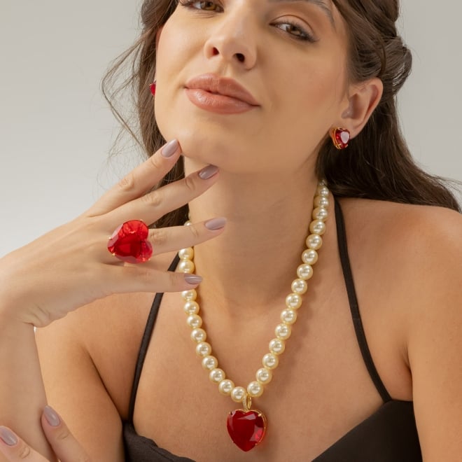 CJX-00158 CONJUNTO COLAR DE PÉROLAS E CORAÇÃO EM ZIRCONIA
