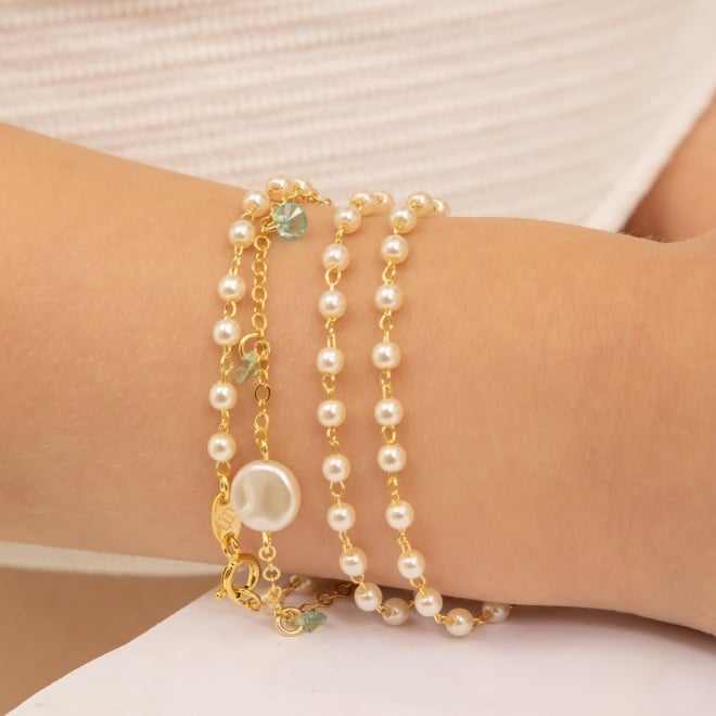 KPI-0042 KIT PULSEIRA INFANTIL BANHADA A OURO 18K COM PÉROLAS