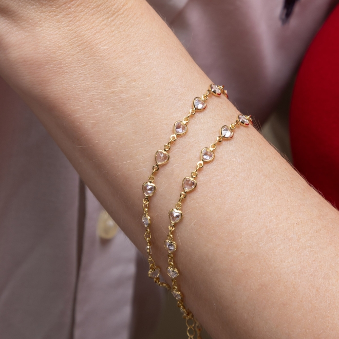 PX-0056 PULSEIRA BANHADA A OURO 18K COM PINGENTES DE CORA&Ccedil;&Atilde;O COM ZIRC&Ocirc;NIAS