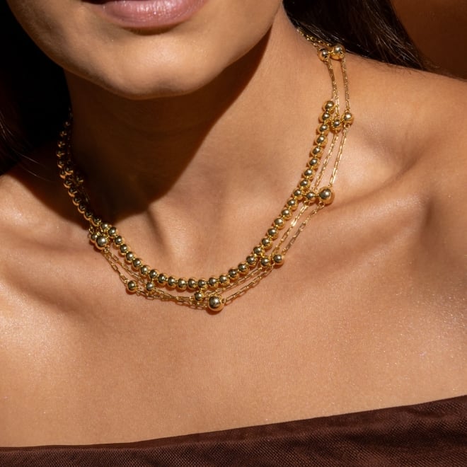 GR-00867 COLAR BANHADO A OURO 18K COM CORRENTE DE ELOS DELICADOS INTERCALADOS POR ESFERAS