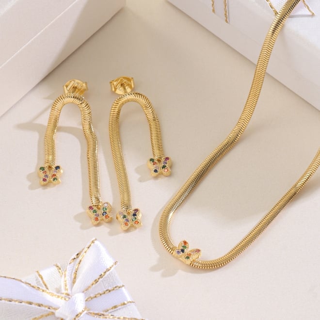 CJ-00117 CONJUNTO BANHADO A OURO 18K COM CORRENTE ELO SNAKE E DETALHES EM BORBOLETA