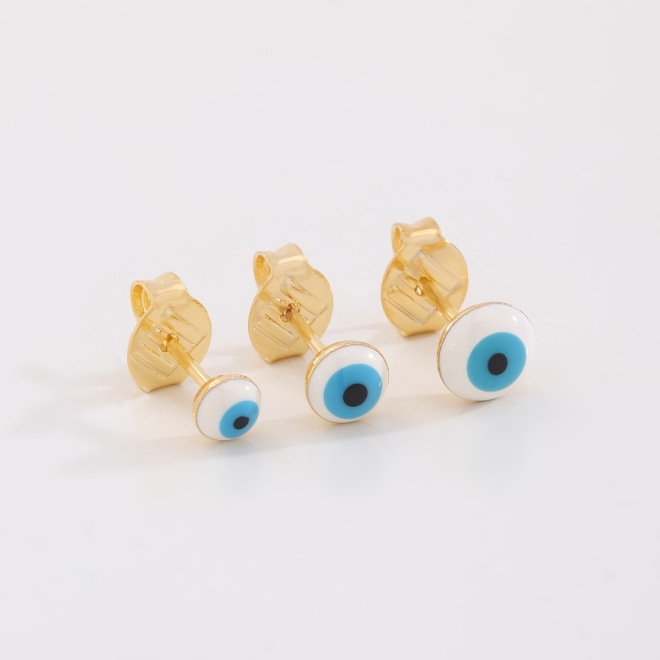 KTBF-0039 TRIO DE BRINCOS BANHADOS A OURO 18K COM OLHO GREGO ESMALTADO