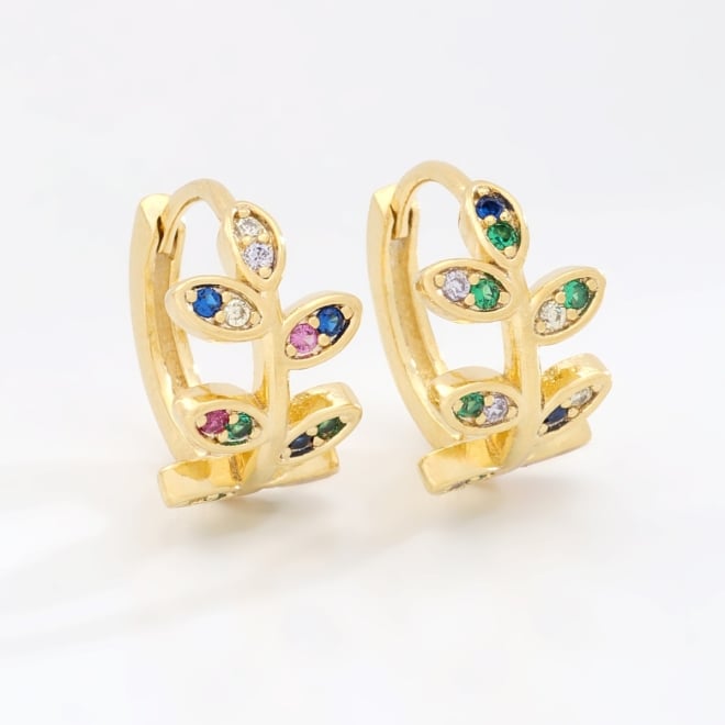OUTAC-0431 ARGOLA DE CLICK BANHADA A OURO 18K COM DESIGN DE FOLHAS EM ZIRCÔNIAS