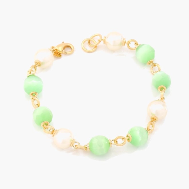 OUTPL-00001 PULSEIRA BANHADA A OURO 18K COM ESFERAS FACETADAS E DETALHES EM PÉROLA