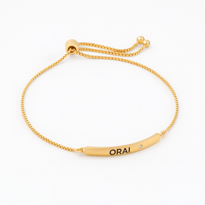 OUTPU-2893 PULSEIRA BANHADA A OURO 18K COM CHAPA ALONGADA E GRAVAÇÕES DE PALAVRAS INSPIRACIONAIS