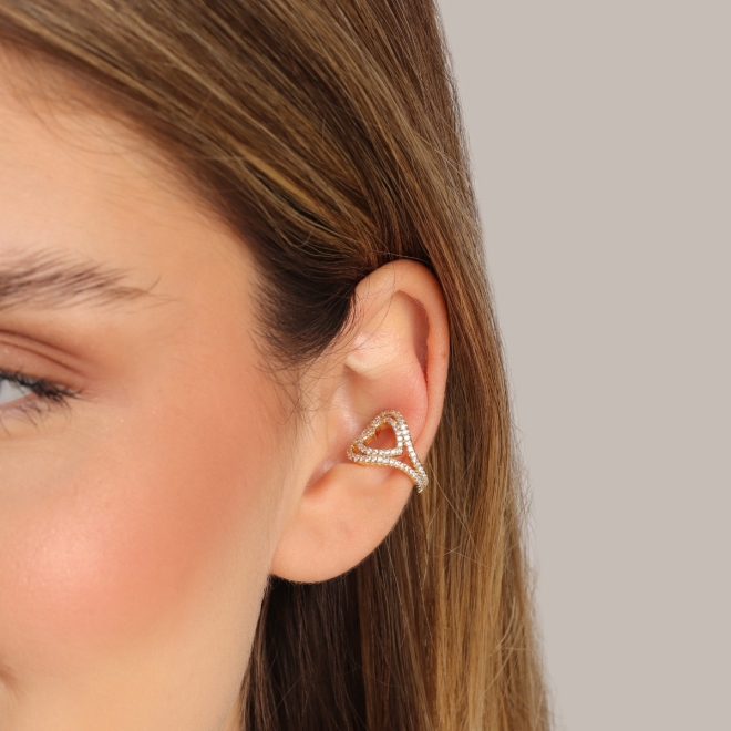 PC-00038 PIERCING BANHADO A OURO 18K COM DESIGN DE CORAÇÕES ENTRELAÇADOS CRAVEJADOS
