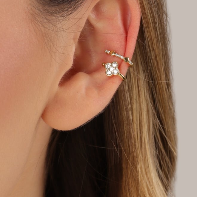 PC-00072 PIERCING DUPLO BANHADO A OURO 18K COM DESIGN LISO E OUTRO CRAVEJADO COM DETALHE EM FLOR