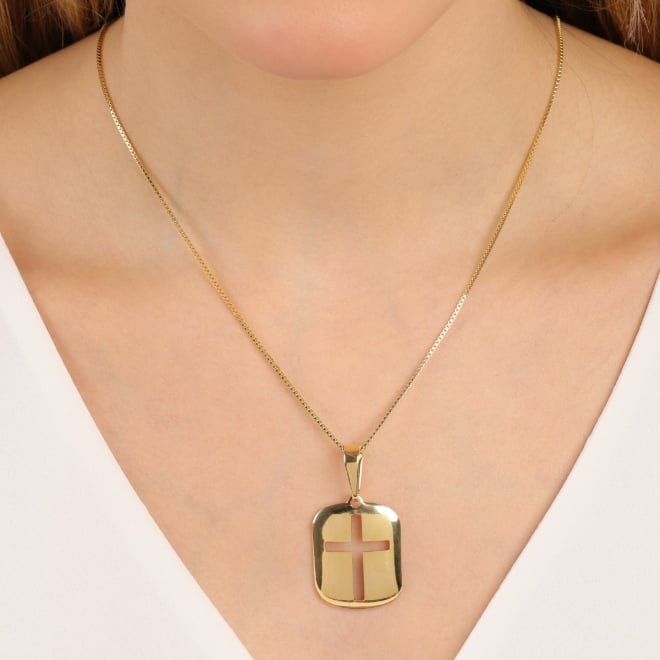 PG-00100 PINGENTE BANHADO A OURO 18K COM CRUZ VAZADA EM DESIGN MODERNO