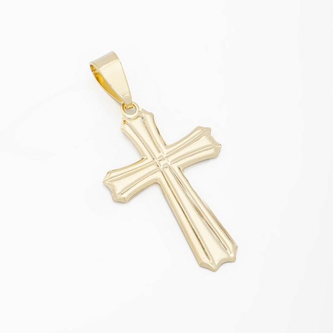 PG-00227 PINGENTE BANHADO A OURO 18K DE CRUZ COM DESIGN LISO E DETALHES EM ALTO RELEVO