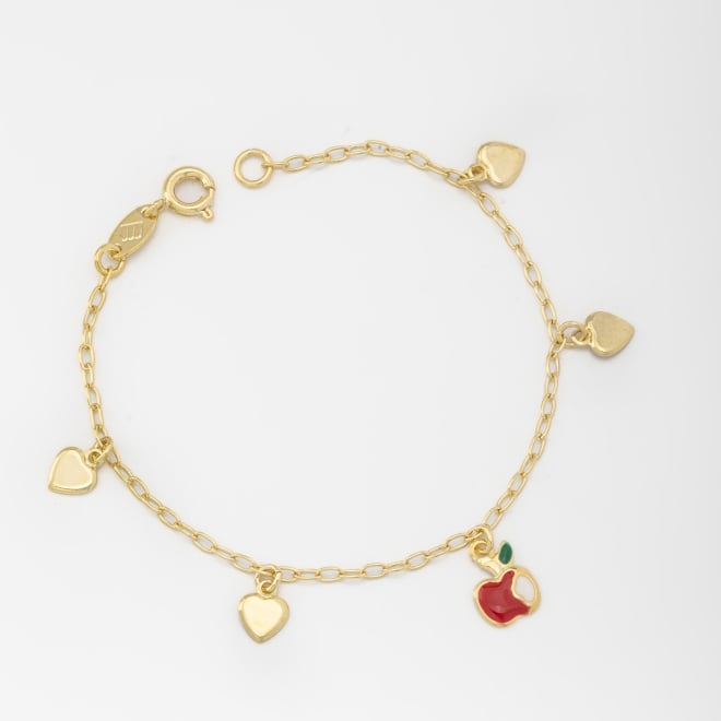 PI-00070 PULSEIRA INFANTIL BANHADA A OURO 18K COM PINGENTE DE CORAÇÃO E MAÇÃ