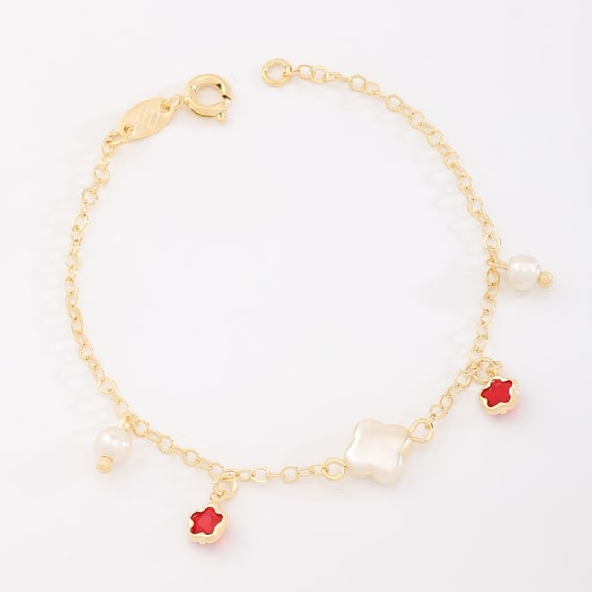 PI-00098 PULSEIRA INFANTIL BANHADA A OURO 18K COM PINGENTES DELICADOS E DETALHES EM PÉROLAS