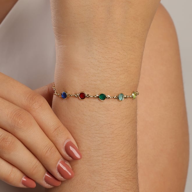 PU-00001 PULSEIRA BANHADA A OURO 18K COM PEDRAS REDONDAS COLORIDAS