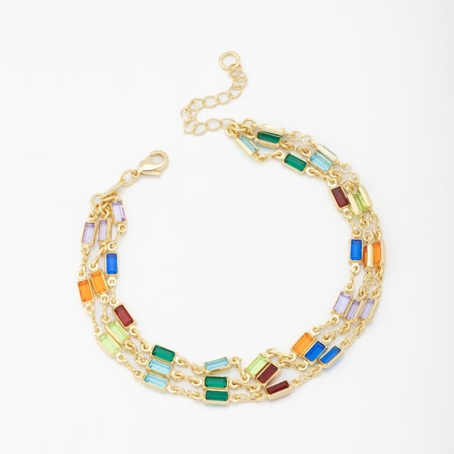 PU-00006 PULSEIRA BANHADA A OURO 18K COM 3 FILEIRAS RETANGULARES EM ZIRC&Ocirc;NIAS COLORIDAS