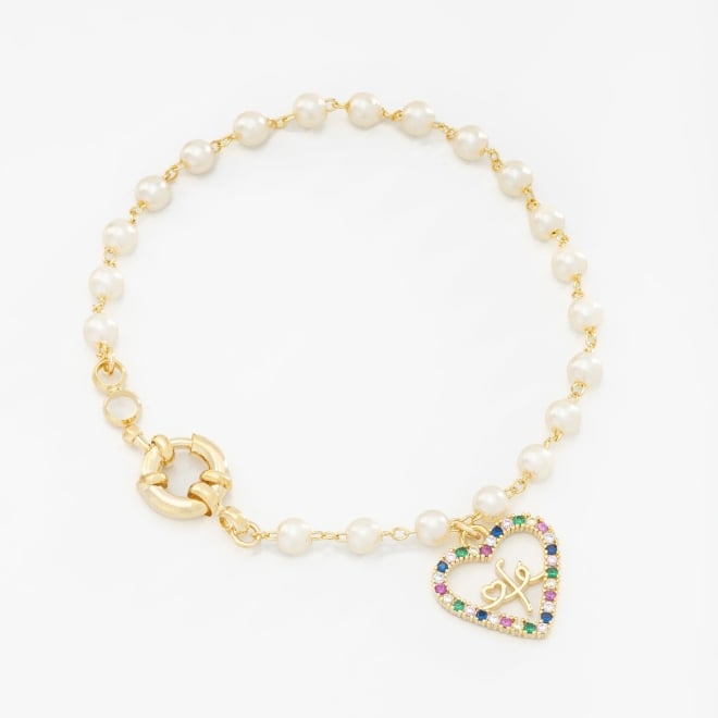 PU-00075 PULSEIRA PÉROLAS COM CORAÇÃO E FÉ DE FECHO BOLA