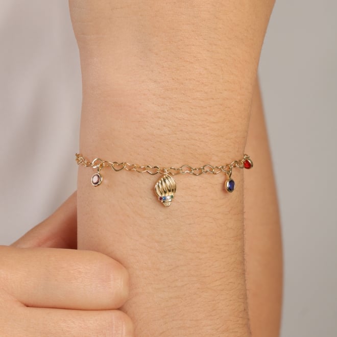 PU-00092 PULSEIRA BANHADA A OURO 18K COM PINGENTES COLORIDOS E DETALHE DE CONCHA