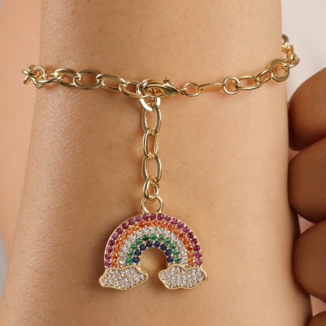 PU-00104 PULSEIRA BANHADA A OURO 18K COM ELO OVAL E PINGENTE DE ARCO-ÍRIS