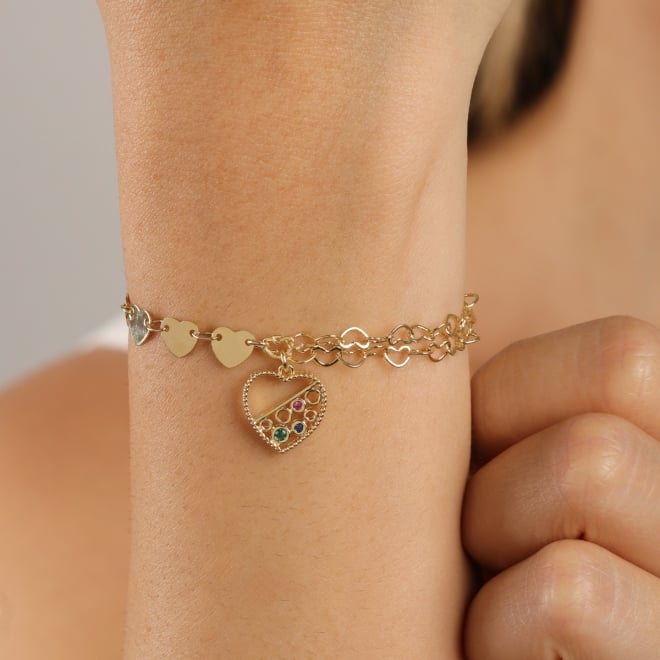 PU-00111-PULSEIRA DUPLA COM CORAÇÕES E PINGENTE COLORIDO