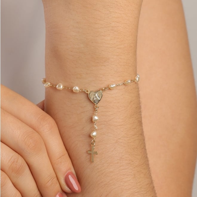 PU-00147 PULSEIRA TER&Ccedil;O COM P&Eacute;ROLAS EM CORA&Ccedil;&Atilde;O E PINGENTE DE CRUZ
