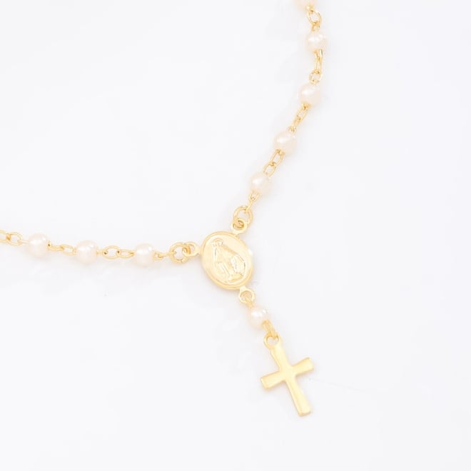 PU-00149 PULSEIRA COM DETALHES EM P&Eacute;ROLAS E PINGENTE RELIGIOSO E CRUZ