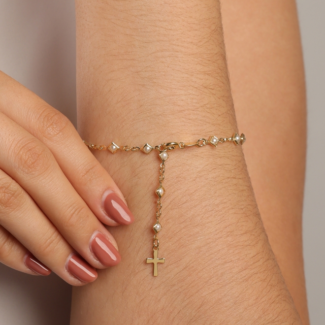 PU-00184 PULSEIRA EM DESIGN DE TER&Ccedil;O COM P&Eacute;ROLAS E PINGENTE DE CRUZ