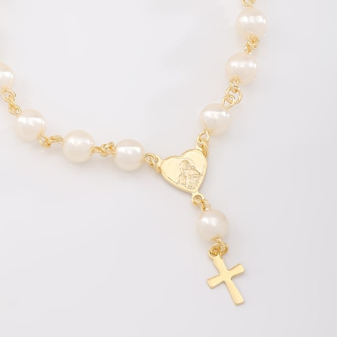 PU-00191 PULSEIRA DE P&Eacute;ROLA COM SAGRADO CORA&Ccedil;&Atilde;O DE JESUS E CRUZ