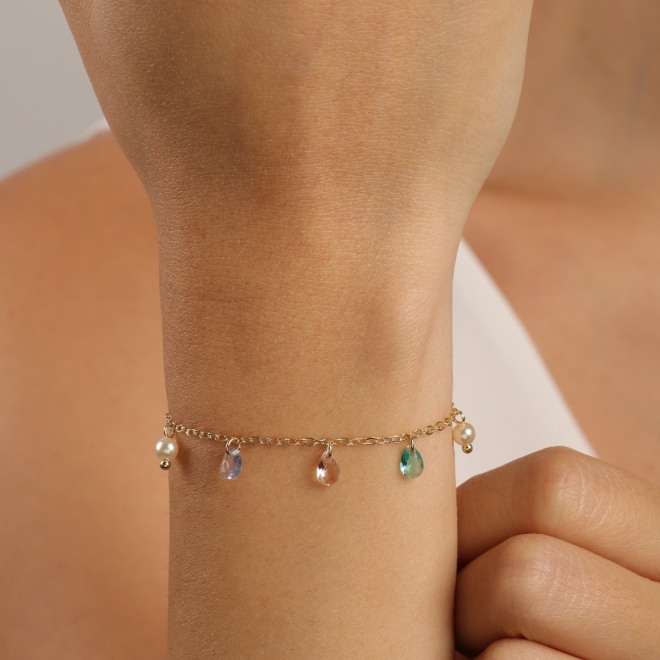 PU-00243 PULSEIRA ELOS COM PINGENTES EM GOTAS ZIRC&Ocirc;NIAS E INTERCALADAS COM P&Eacute;ROLAS