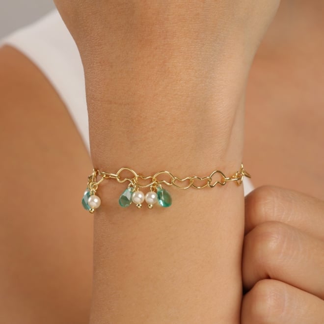 PU-00247 PULSEIRA ELOS EM CORAÇÃO E PINGENTES DE CRISTAIS GOTAS E DETALHES DE PÉROLAS