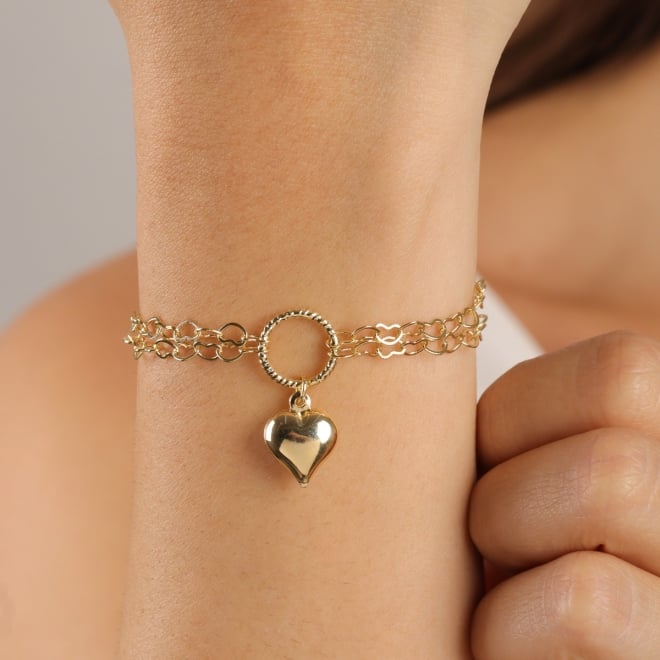 PU-00258-PULSEIRA DUPLA COM ELOS E PINGENTE DE CORAÇÃO