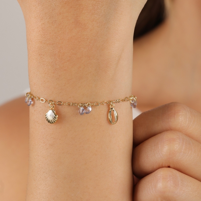 PU-00304 PULSEIRA BANHADA A OURO 18K COM PINGENTES DE CONCHAS, BUZIOS