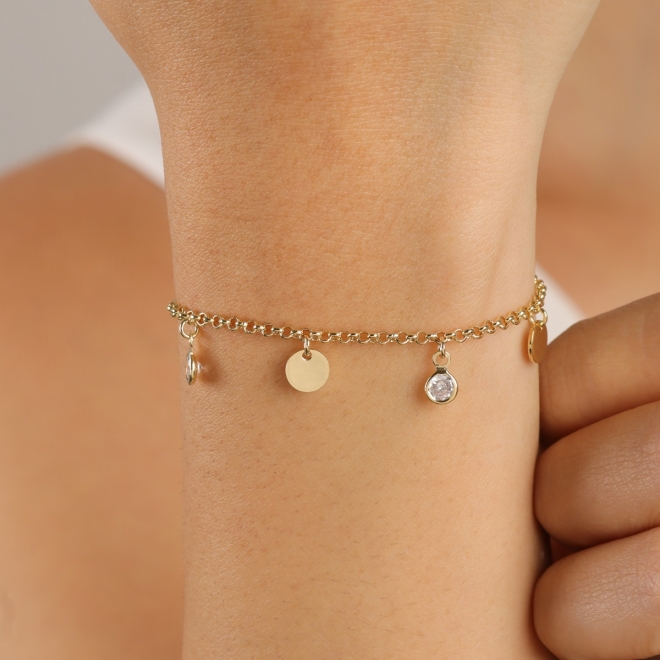 PU-00310 PULSEIRA BANHADA A OURO 18K COM PINGENTES DE MEDALHAS LISAS E PONTOS DE LUZ EM ZIRCÔNIA