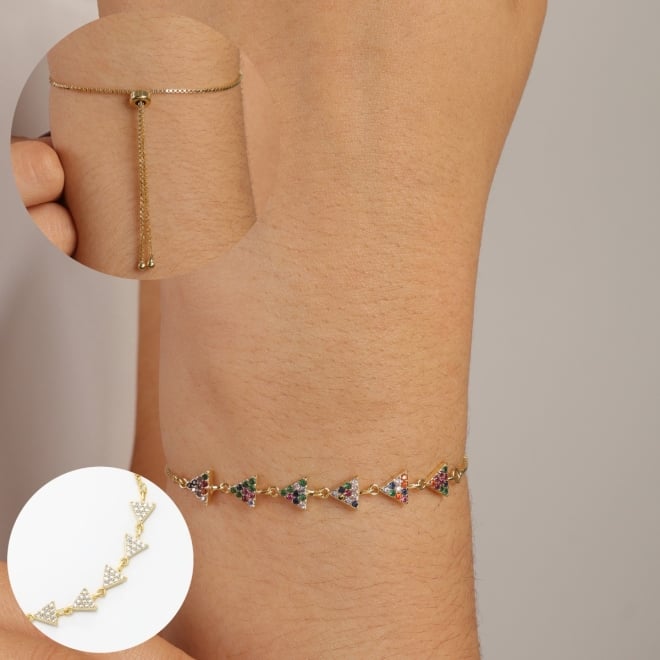 PU-00460 PULSEIRA BANHADA A OURO 18K COM CORRENTE VENEZIANA E TRI&Acirc;NGULOS EM ZIRC&Ocirc;NIAS