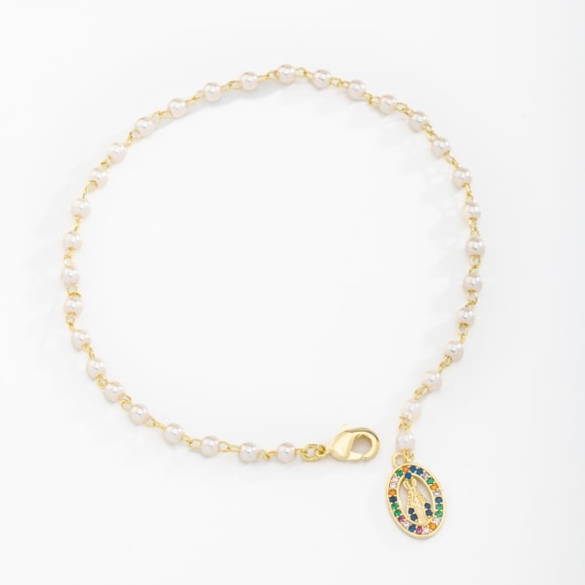 PU-00461 PULSEIRA COM PÉROLAS DELICADAS E PINGENTE OVAL DE NOSSA SENHORA