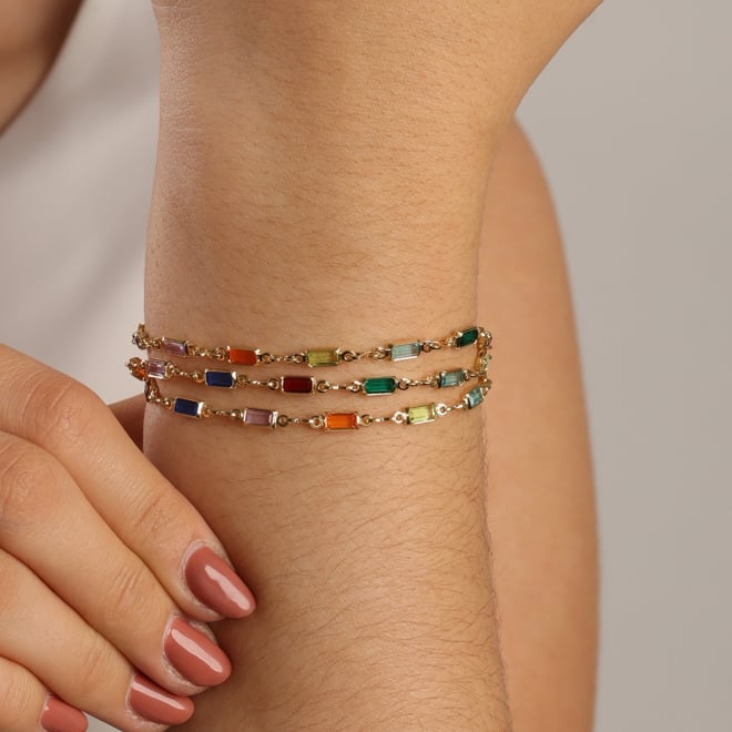 PU-00467  PULSEIRA DUPLA COM PEDRAS RETANGULARES COLORIDAS
