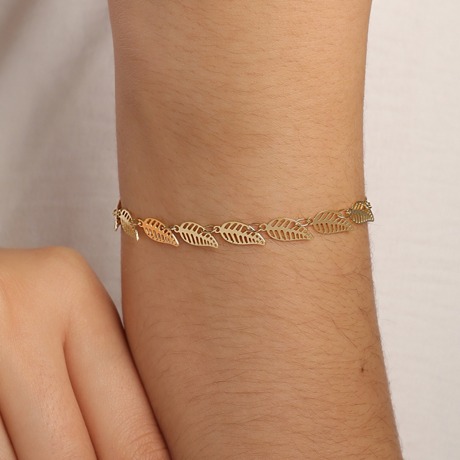PU-00478 PULSEIRA BANHADA A OURO 18K COM DETALHES EM FOLHAS VAZADAS